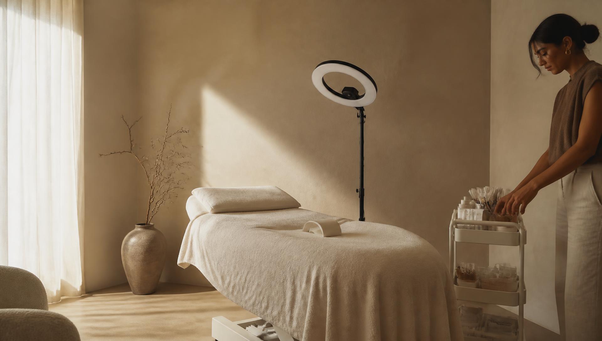 A calm home-based beauty studio with a single treatment chair, mirror, soft lighting and neatly arranged products.