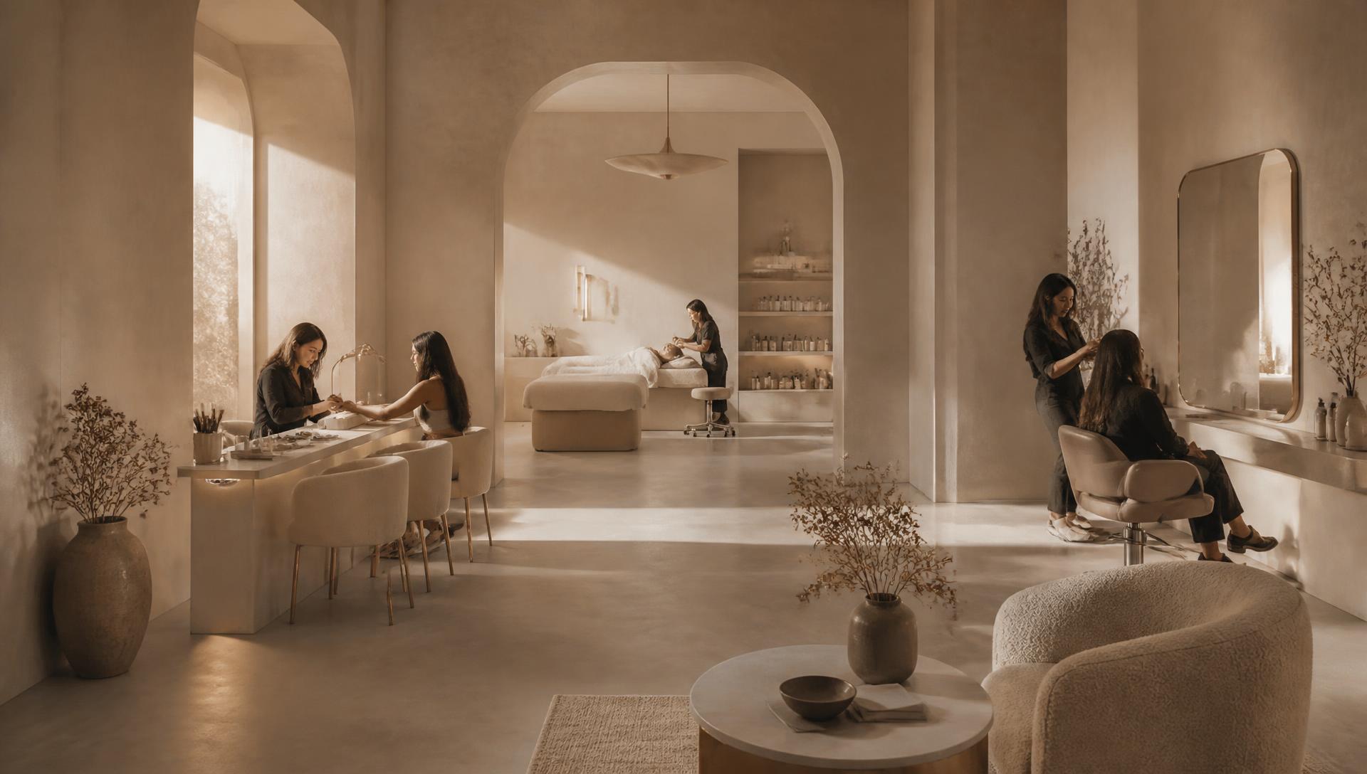 A premium multi-service women's beauty studio with several stations in use and clients being treated by a small team.